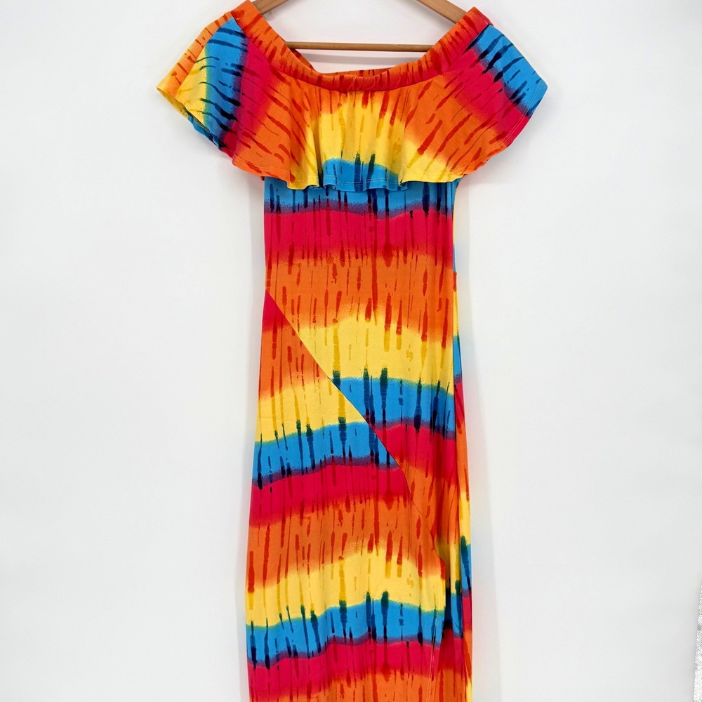 Rainbow Womens Tie Dye Off Shoulder Cover Up Pride Beach Maxi Dress NWT Small